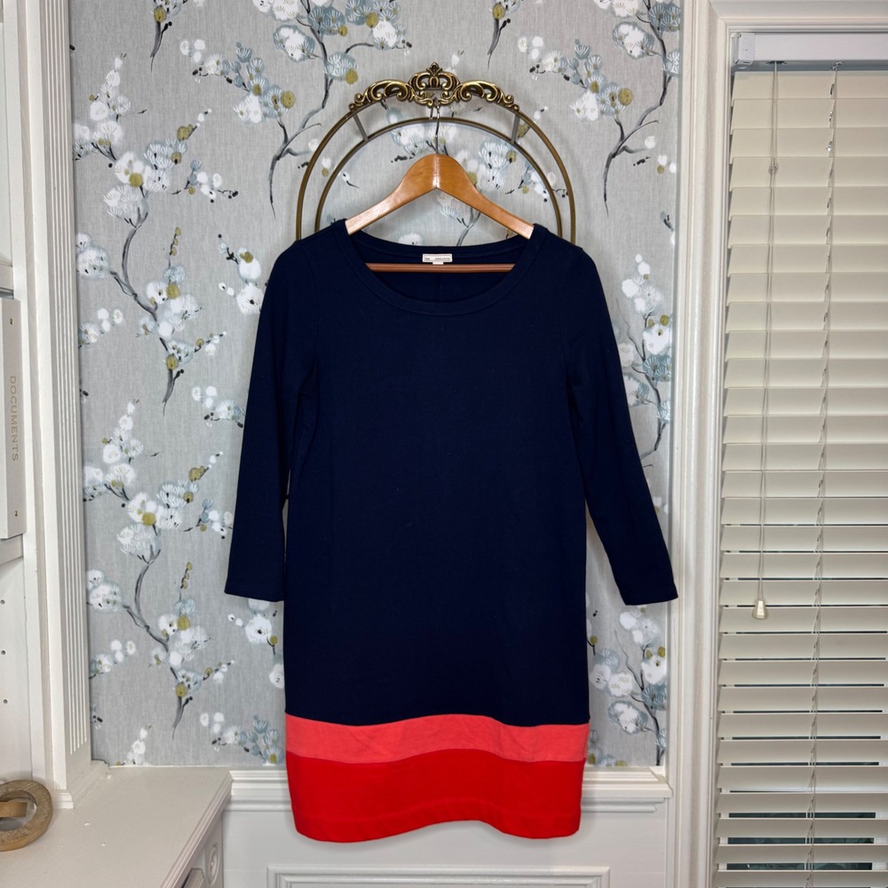 Gap Womens Navy Blue Colorblock Hem 100% Cotton 3/4 Sleeve Shift Dress XS